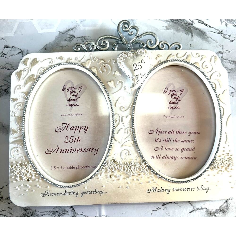 SKU3379 Enesco Silver Beaded 25th Anniversary Double Picture Frame Flaw